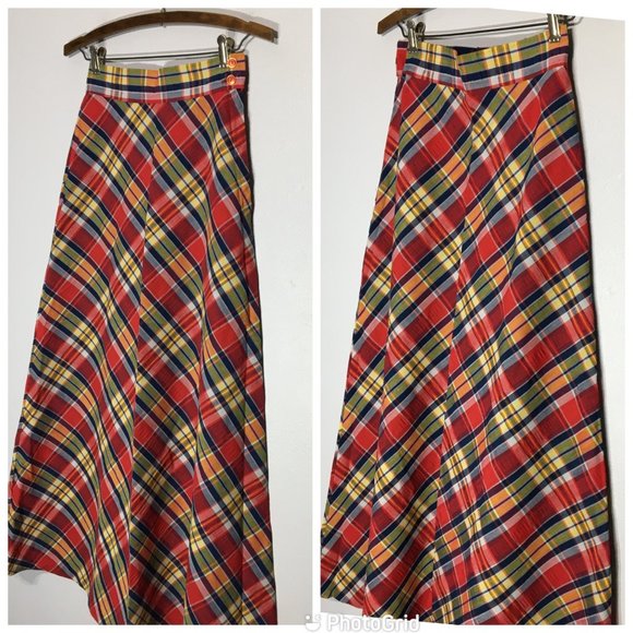 Vintage 60s 70s Plaid Maxi Skirt, Red Blue Plaid A Line Skirt, Hippie Academia - Picture 6 of 14